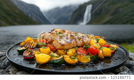 Grilled seafood and vegetables by a scenic waterfall in a mountan 125180771