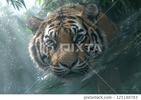 Majestic tiger stalking through misty jungle water 125180783