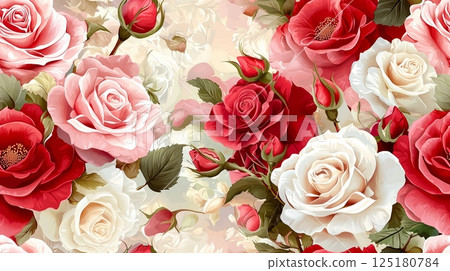 Elegant red, pink, and white roses with buds and leaves 125180784