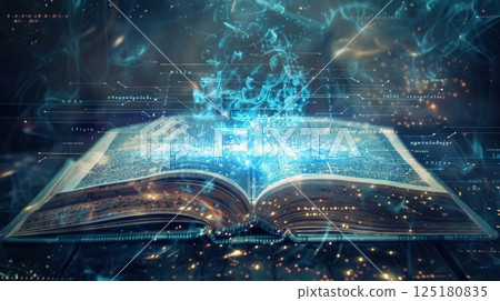 An open book with a bright glowing light emitting from its pages. An open book with a bright glowing light emitting from its pages. 125180835