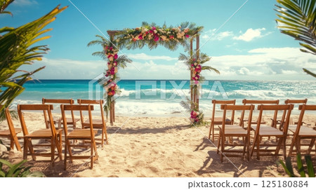 A beautiful beach wedding setup features a floral arch and wooden chairs arranged on the sandy shore, with waves gently lapping in the background. 125180884