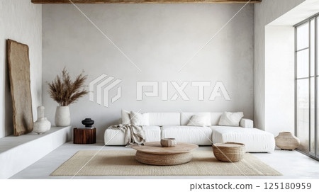 A spacious living room has a cozy white sofa with soft textiles, a round wooden coffee table, and decor like vases and dried plants, all in a bright, airy setting. 125180959