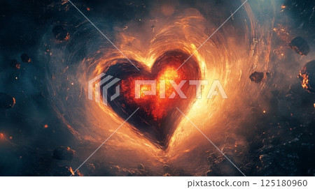 A heart shape glows brightly at the center, surrounded by vibrant cosmic colors and swirling galaxies A heart shape glows brightly at the center, surrounded by vibrant cosmic colors and swirling galaxies 125180960