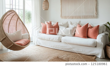 A bright and inviting living room showcases a white sofa adorned with a variety of accent pillows in warm hues. A comfortable hanging chair adds a touch of charm, enhancing the space's aesthetic. 125180961