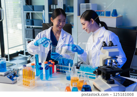 Glass vial, pipette and scientist in laboratory for medical study, research or experiment. Test tube, dropper and professional person with chemical liquid for pharmaceutical innovation. 125181008