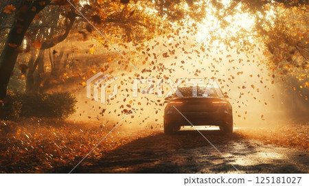 A sleek car moves along a winding forest trail as vibrant autumn leaves fall from the trees. The warm sunlight filters through creating a magical and serene atmosphere in the woods. 125181027
