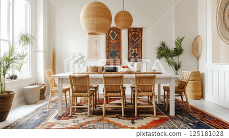 This beautifully designed dining area features a long white table surrounded by rattan chairs 125181028