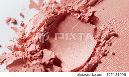 A soft pink cosmetic powder is scattered artistically across a white background, showcasing its fine texture and color. The natural light enhances the delicacy and subtle details of the powder. 125181096