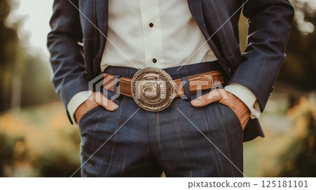 A man stands confidently in formalwear, showcasing a large, ornate western belt buckle while outdoors. A man stands confidently in formalwear, showcasing a large, ornate western belt buckle while outdoors. 125181101