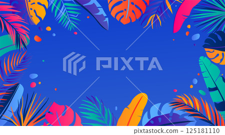 Summer vector background. Abstract border illustration with jungle exotic leaves, color bright gradient design and copy space at the center. Paradise scene template for vacation pattern, dark night Summer vector background. Abstract border illustration with jungle exotic leaves, color bright gradient design and copy space at the center. Paradise scene template for vacation pattern, dark night 125181110
