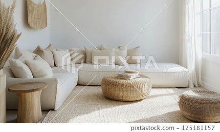 A cozy living room features a large white sectional sofa adorned with cream cushions 125181157
