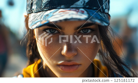 A young woman with captivating blue eyes and dark hair gazes intensely into the camera, wearing a colorful cap and casual attire. 125181172