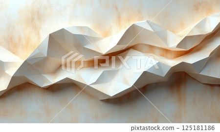 An abstract composition features a series of intricate paper folds creating a wavy effect. The artwork is set against a warm, textured beige backdrop, offering a modern artistic vibe. 125181186