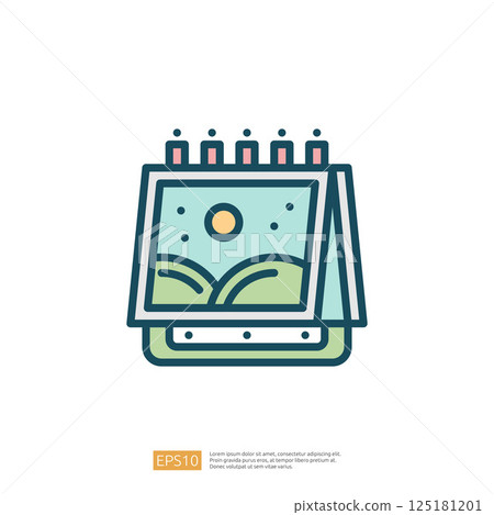 A simplistic illustration of a calendar or planner with a scenic image, depicting a sun over hills, representing organization and planning. A simplistic illustration of a calendar or planner with a scenic image, depicting a sun over hills, representing organization and planning. 125181201