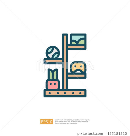 The image features a minimalist shelf displaying various items, including a ball, a plant, and a face, illustrating a playful and organized design. The image features a minimalist shelf displaying various items, including a ball, a plant, and a face, illustrating a playful and organized design. 125181210