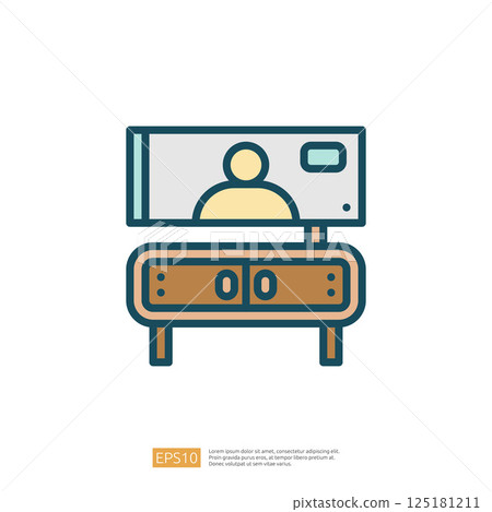 A simple illustration of a TV on a wooden stand, displaying a person, representing home entertainment and modern living. 125181211