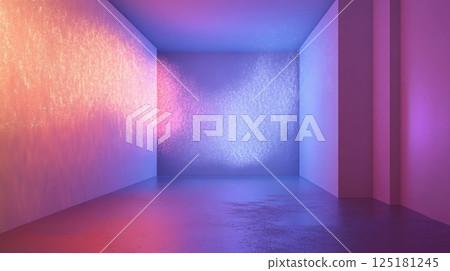 This contemporary interior features a spacious room with soft lighting, creating a tranquil vibe with gentle blue and pink hues that invite reflection. 125181245