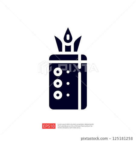 The image depicts a simple, stylized representation of a lighter, featuring a flame and circular designs, likely illustrating a tool for igniting fires. 125181258