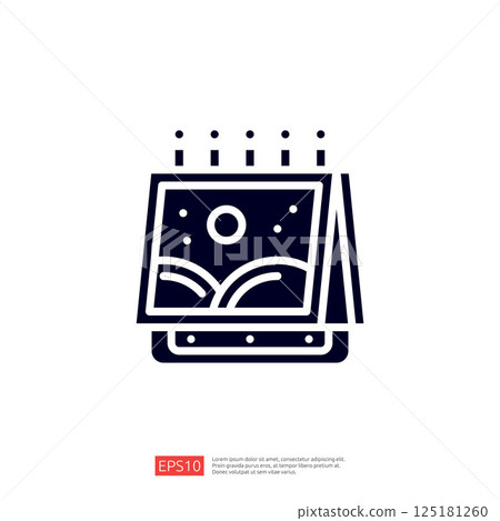 A stylized illustration of an open photo album with a scenic image and candles on top, symbolizing memories and celebrations. 125181260