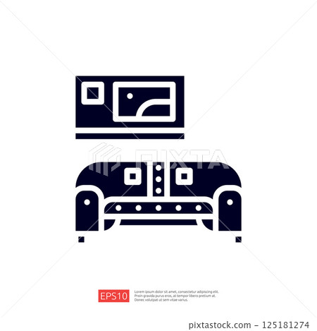 A simple graphic representation of a couch and a framed picture above it, illustrating a cozy living space. A simple graphic representation of a couch and a framed picture above it, illustrating a cozy living space. 125181274