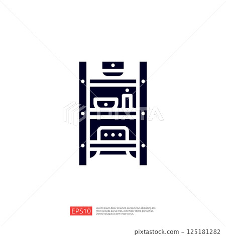 The image features a simple graphic representation of a shelf or cabinet with various items, suggesting storage or organization. The image features a simple graphic representation of a shelf or cabinet with various items, suggesting storage or organization. 125181282