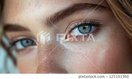 This close-up captures the captivating blue eyes of a young individual, emphasizing their natural beauty and texture. Soft lighting enhances the allure and details of the eye makeup and skin. 125181360
