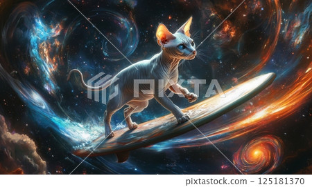 A white Sphynx cat with blue eyes stands on a large surfboard, riding through space. The cat is looking to the right, with its ears perked up 125181370
