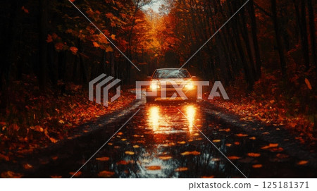 A silver car navigates a narrow, winding road lined with trees in vibrant autumn colors. Raindrops pool on the asphalt, creating a reflective surface as the car illuminates the wet path ahead. A silver car navigates a narrow, winding road lined with trees in vibrant autumn colors. Raindrops pool on the asphalt, creating a reflective surface as the car illuminates the wet path ahead. 125181371
