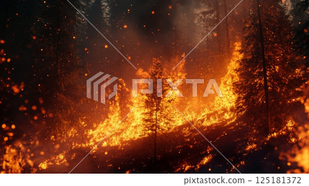 A forest fire engulfs trees at night, creating a dramatic display of flames and flying embers against a dark background. 125181372