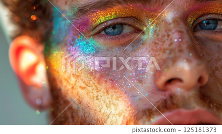 A man's face is covered in colorful glitter makeup, with his blue eyes staring directly at the viewer. The light reflects off the glitter, creating a sparkling effect. 125181373