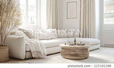 A white sectional sofa sits in a bright living room with natural light streaming through the windows. The sofa is accented with a white blanket, a few pillows, and a wooden coffee table 125181386