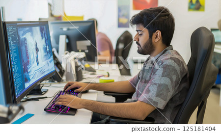 Indian software engineer coding at a workstation in a modern office environment 125181404