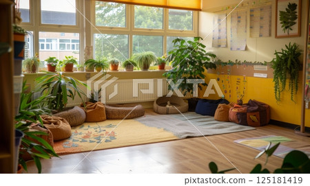 A classroom with large windows, plants lining the windowsill, and various cushions arranged on the floor in front of a yellow wall. 125181419