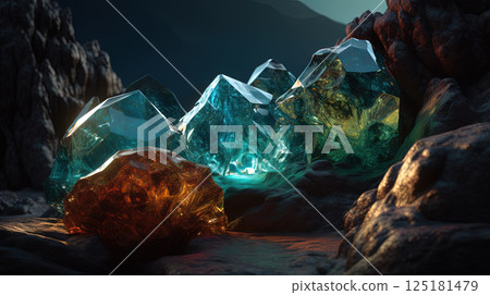 Science fiction landscape with glass mountains. Alien planet with melted glass rocks. Generated AI. 125181479
