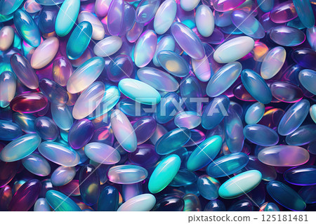 Background with pills and capsules in neon blue and purple colors. Medical drug or dietary supplement concept. Generated AI. Background with pills and capsules in neon blue and purple colors. Medical drug or dietary supplement concept. Generated AI. 125181481