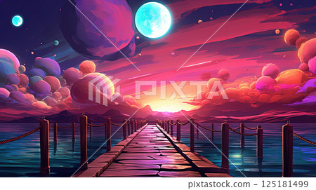 Synthwave styled pier, a bridge to the horizon in purple and blue lights. Generated AI. Synthwave styled pier, a bridge to the horizon in purple and blue lights. Generated AI. 125181499