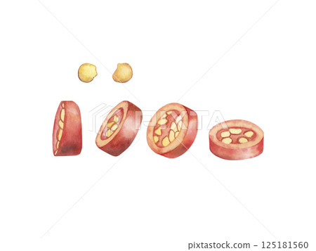 Watercolor illustration of red chili pepper slices and seeds from different angles. Hand drawn spicy vegetables in botanical style. Perfect for food packaging, culinary design, recipes, kitchen decor Watercolor illustration of red chili pepper slices and seeds from different angles. Hand drawn spicy vegetables in botanical style. Perfect for food packaging, culinary design, recipes, kitchen decor 125181560