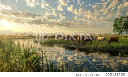 A herd of cattle grazes peacefully beside a calm water body, reflecting the vibrant sunset colors and fluffy clouds in the serene landscape. 125181565