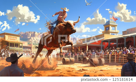 A cowboy skillfully rides a bucking bull in a lively rodeo, surrounded by enthusiastic spectators and Western buildings. 125181614