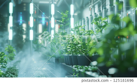Rows of plants grow under artificial lighting in a controlled environment. The mist in the air adds to the ethereal, futuristic atmosphere. 125181696