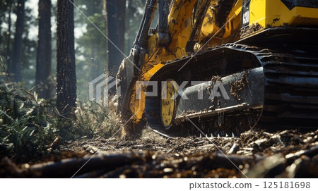 A yellow excavator is actively removing forest debris, clearing the ground in a dense wooded area under bright sunlight. 125181698
