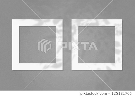 Natural light casts shadows from the wildflowers on 2 square frames of white textured paper lying on a gray facture background. Mock up with an overlay of plant shadows Natural light casts shadows from the wildflowers on 2 square frames of white textured paper lying on a gray facture background. Mock up with an overlay of plant shadows 125181705