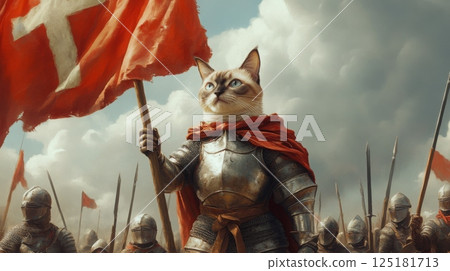 A courageous feline dressed in armor raises a flag while standing at the forefront of a medieval army, with soldiers in the background prepared for battle under dramatic gray clouds. 125181713
