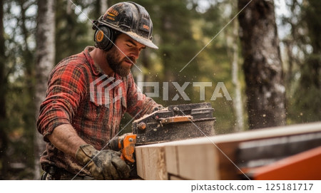 A lumberjack works diligently with a chainsaw, cutting a log in a forest, surrounded by colorful autumn foliage. 125181717