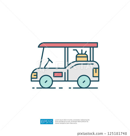 A simple, stylized illustration of a golf cart, featuring a roof and wheels, designed for leisure or recreational purposes. A simple, stylized illustration of a golf cart, featuring a roof and wheels, designed for leisure or recreational purposes. 125181748