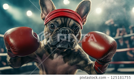 A dog stands in a boxing ring, wearing red boxing gloves and a matching headband. The atmosphere is electrifying with an audience watching intently. The match seems to be at its peak. 125181755