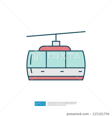 A simple illustration of a cable car, designed with a clear and modern aesthetic, often used for transporting people in mountainous or elevated areas. 125181756