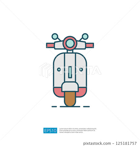 A simple line drawing of a scooter viewed from the front, featuring a round headlight and handlebars, emphasizing a minimalist design. 125181757