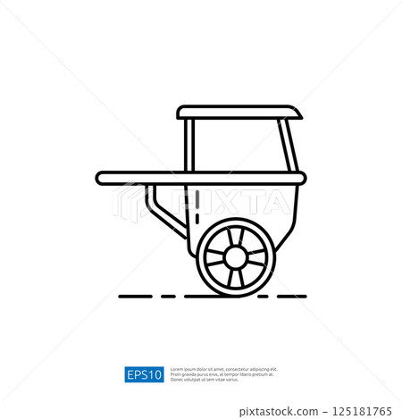 A simple line drawing of a cart with wheels, typically used for selling goods or food at markets or events. A simple line drawing of a cart with wheels, typically used for selling goods or food at markets or events. 125181765