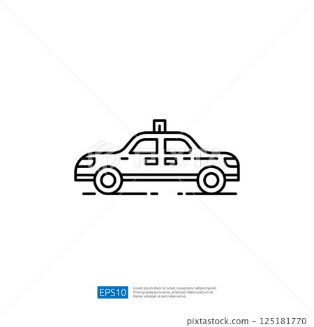 A simple line drawing of a taxi cab, showcasing its recognizable shape and features, suitable for graphic design or illustration purposes. 125181770